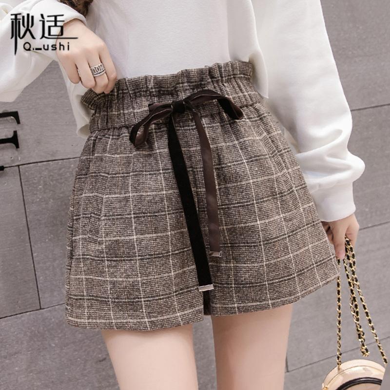 

Woolen plaid pants women' autumn and winter New High waist wide leg shorts slim Joker outer boots pants, Brown