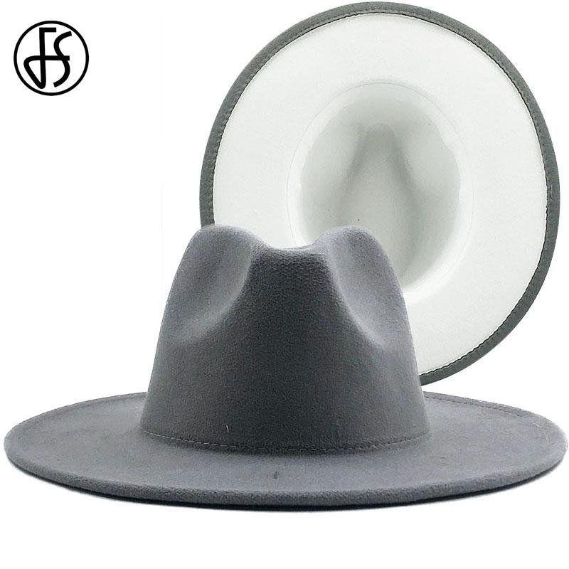 

FS Grey White Patchwork Fedora Hats For Women Men Winter Wide Brim Wool Felt Jazz Fedora Hat Panama Trilby Cowboy Gambler Cap, Gray red