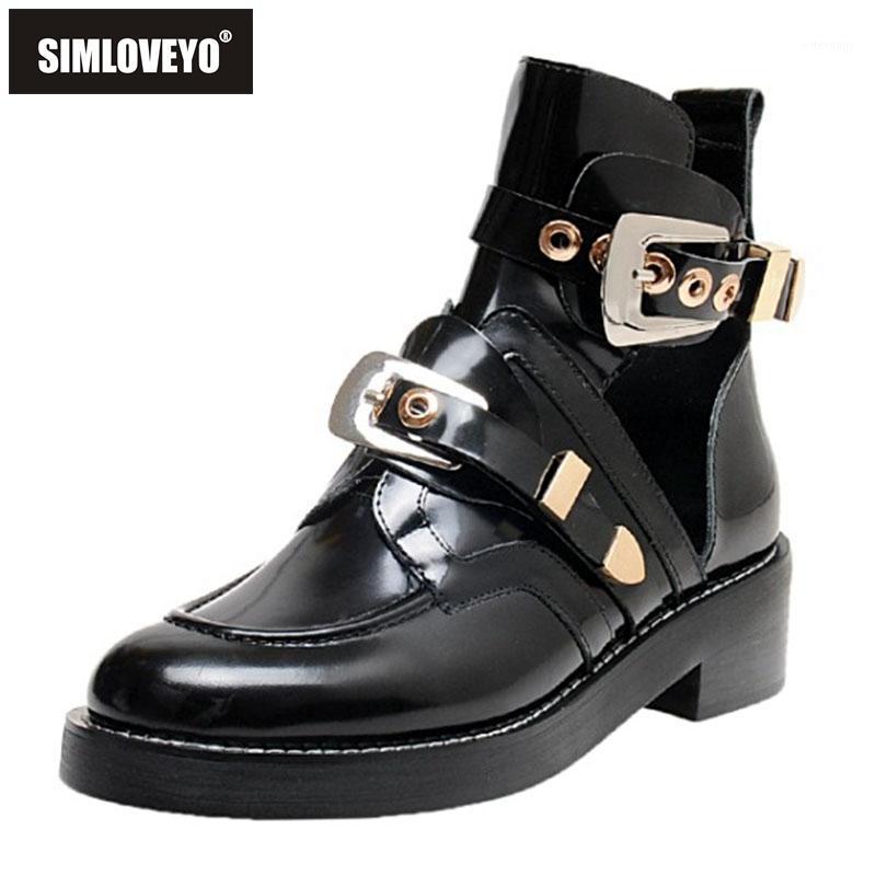 

SIMLOVEYO 2020 Female Summer Ankle Boots Round Toe 5cm Square Heels Genuine Leather Buckle Cut-outs Size 34-40 Leisure B20201, Black