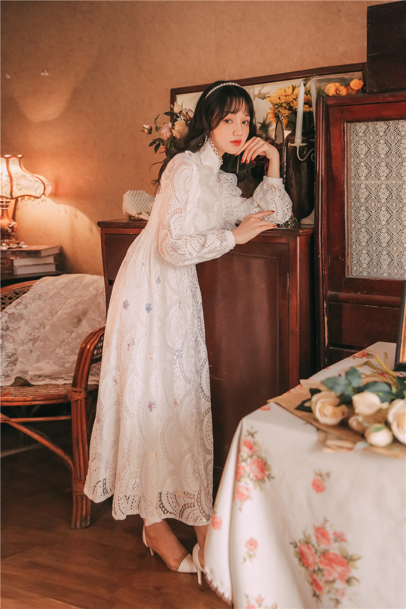 

Long Sleeve Band 2021 Summer Lace Female Vintage White Robes Mid-calf Party Dress at Night Women' Dresses Sgdm, Blue