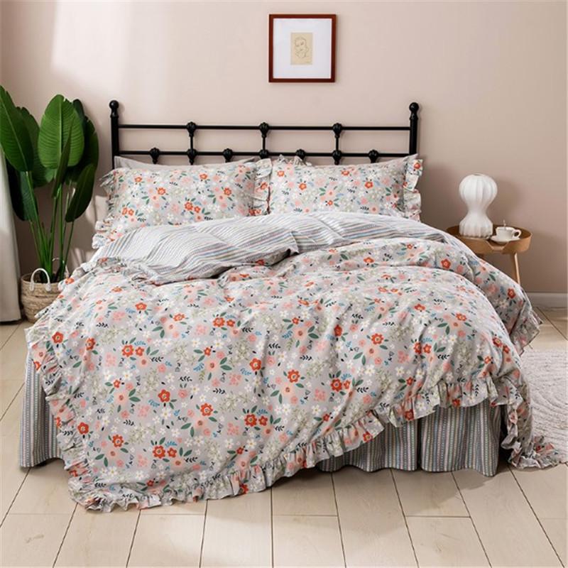 

Fresh floral pastoral style ruffles skirt-style bedding set princess pure cotton stripe ropa de cama couvre lit duvet cover set, As pic