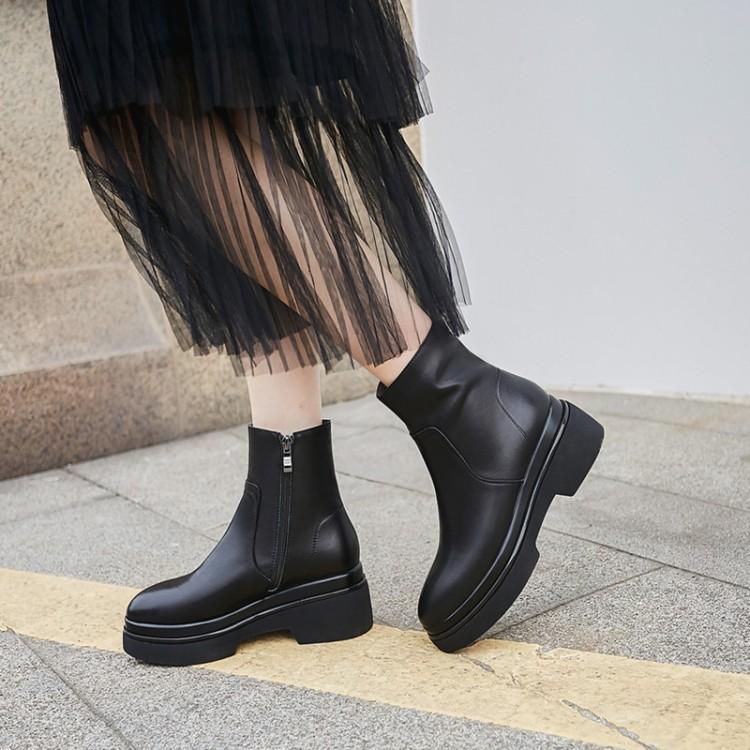

MLJUESE 2020 women ankle boots Cow leather winter short plush square toe zippers female ankle boots party dress wedding, Black