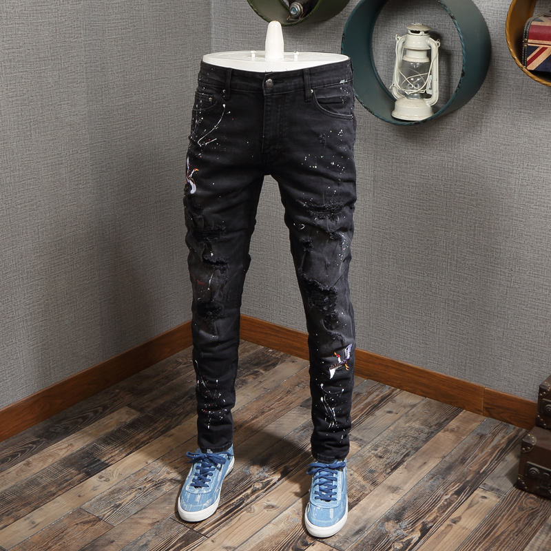 

2021 New Fashion Streetwear Black Color Painted Ripped Men Denim Pencil Pants Brand Designer Slim Fit Hip Hop Jeans Homme Fjs4