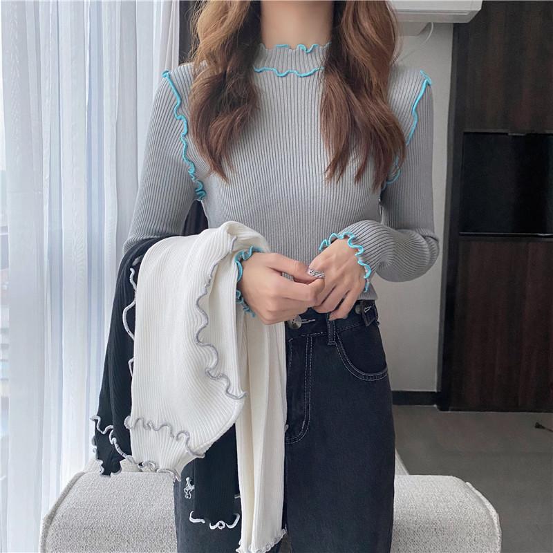 

JXMYY The new Korean version of wild wood ears hits the color slim stretch knit sweater is thinner with a top, Black