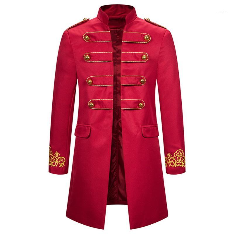 

Men' Trench Coats Mens Medieval Retro Jacket Men' Costume Embroidered Cuffs Standing Collar Long Coat 20211, Red