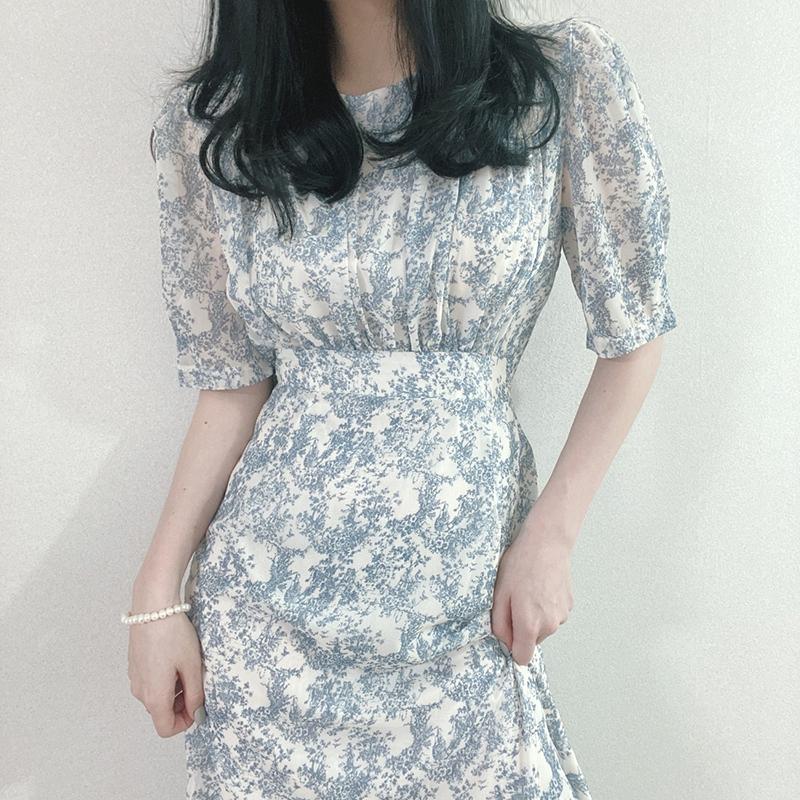 

Casual Dresses Robe Femme Korean Chic Sweet Blue Oil Painting Small Floral Chiffon Dress Women Round Short Sleeve Slim Gentle Vestidos Print, Black;gray