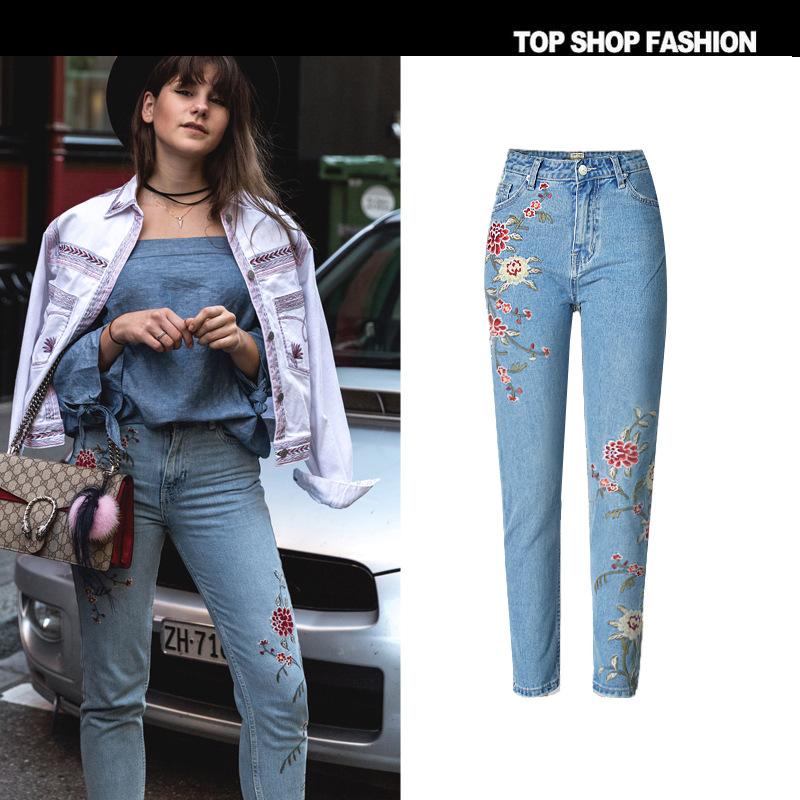 

2020 fashion embroidered jeans 3D stereo front and rear side embroidered high waist slim denim nine points feet pants small fres, Photo color
