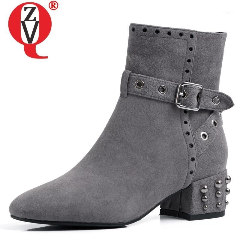 

ZVQ winter newest fashion ankle boots outside warm mid heels square toe cow suede rivet women shoes drop shipping size 33-431, Black