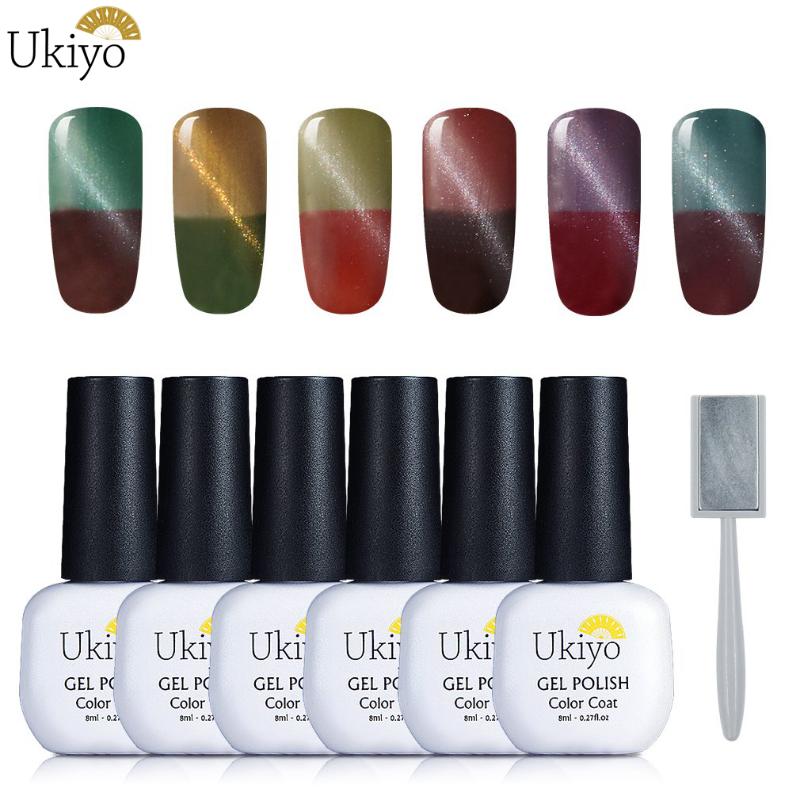 

Ukiyo 6pieces/lot Cat Eye Gel Nail Polish With Magnet Stick Temperature Change Nail Gel Varnish Semi Permanent Soak Off Lacquer, 6004