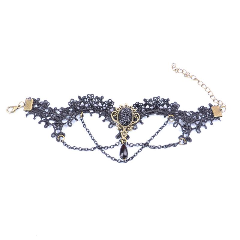 

The Charming Black Fabric Lace Bracelet Crystal Flower Decoration Chain Pendant Lolita