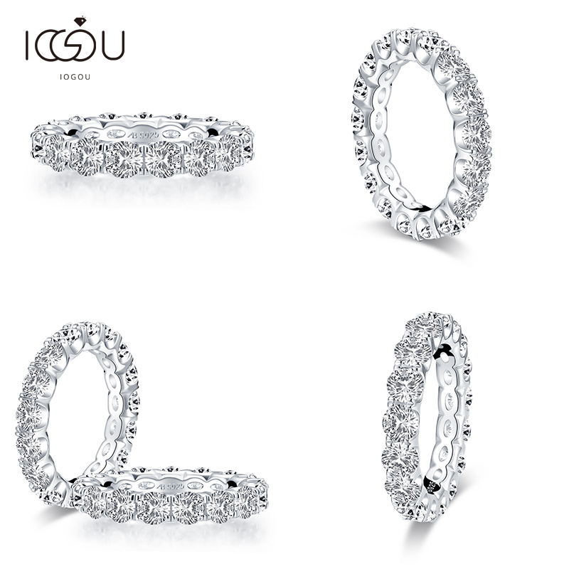 

IOGOU 925 Sterling Silver 4mm Round Cut Full Eternity Ring Women Sona Simulated Diamond Engagement Wedding Eternity Band Ring J1208