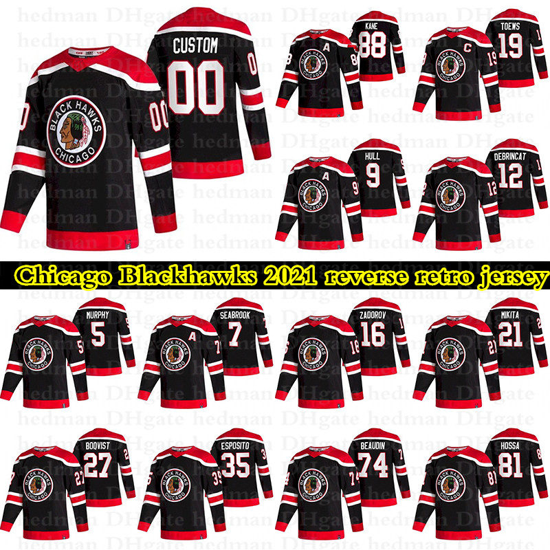 

Chicago Blackhawks 2021 reverse retro jerseys 88 Patrick Kane 19 Toews 77 Dach 12 Alex DeBrincat Custom any number any name hockey jersey, Black