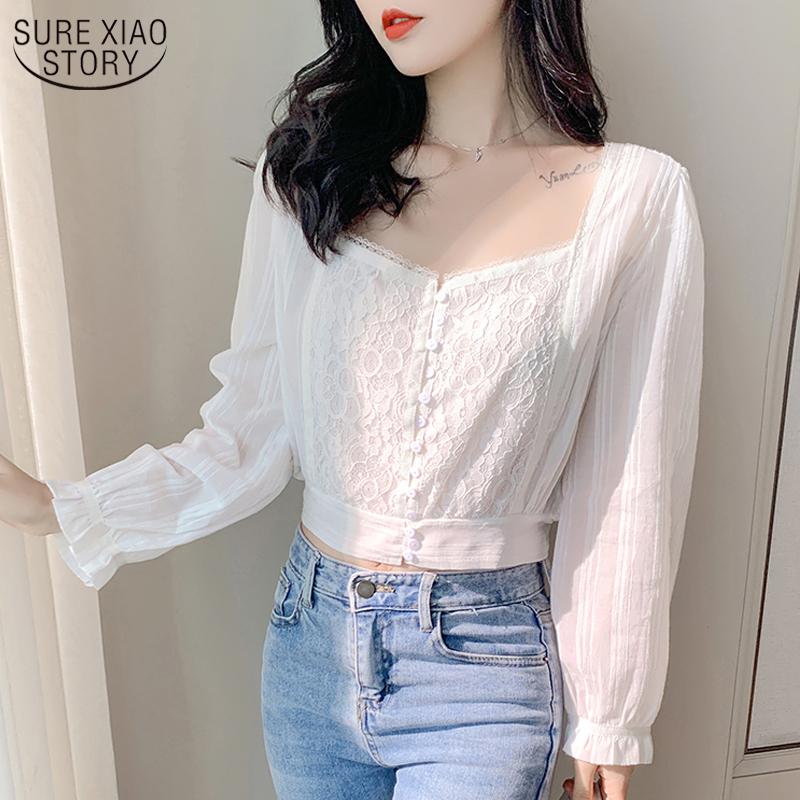 

2020 Autumn New French Square Collar Lace Stitching Woman' Shirt White Chiffon Blouse Waist Puff Long Sleeve Blouse Women 10848