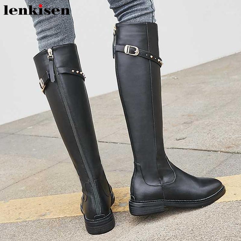 

Lenkisen new cow leather rivets belt buckle straps knight boots round toe med heels Zip winter women warm thigh high boots L831, Black