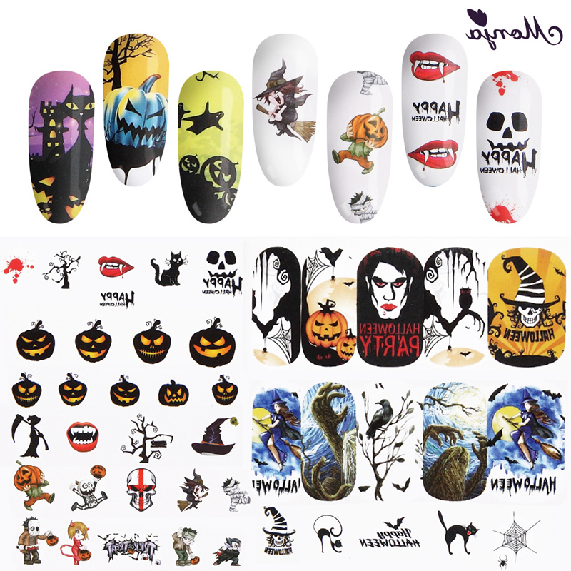 

Wholesale Nail Art Stickers For Halloween Christmas Designs Nail Water Transfer Stickers Nail Tips Decals DIY Decorations Set, 1lot=48pcs=48sheet