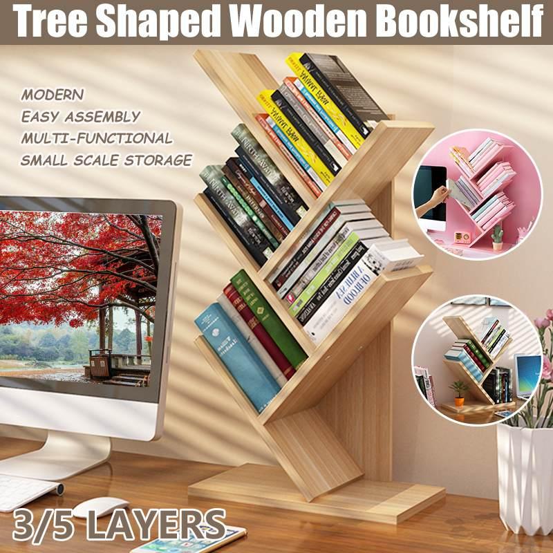 

Tree Shaped Bookshelf 3/5 Layers Desk Study Bookcase Furniture Decor Book Rack Multi-grid Storage Shelf Wooden Display Shelf