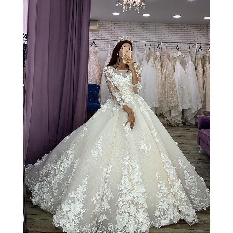 

2021 New Ivory Luxury Lace Tulle Applications Organza 3/4 Floor-length Sleeves Dressed As Ball Wedding Dress Court Train Custom-made 72WH, White
