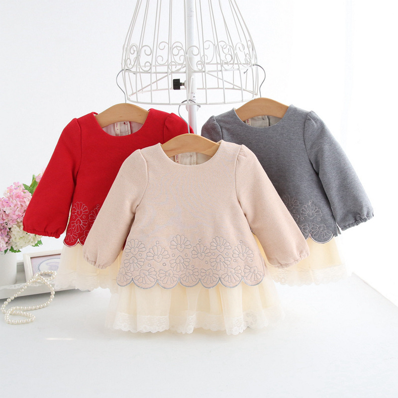 

2021 New Girls Spring and Autumn A-line Lantern Sleeve Lace Baby Cotton Princess 0-2y 7tt3, Gray