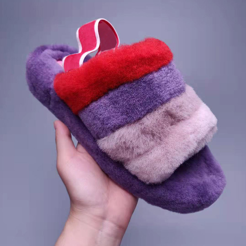 Classiques sandales mode pantoufles diapositives Furry Vamp Fluff lettre tongs femmes chaussures rayé plage causal pantoufle maison 35-43