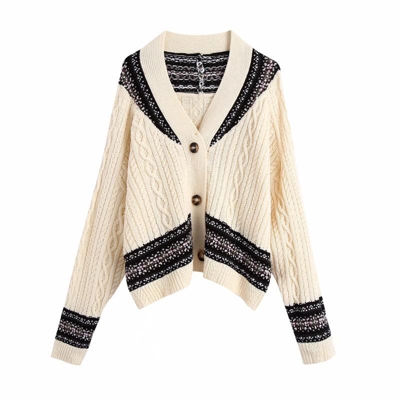 

Women V Neck Jacquard Splicing Knitting Sweater Female Long Sleeve Pullover Casual Lady Loose Tops SW1077, As pic