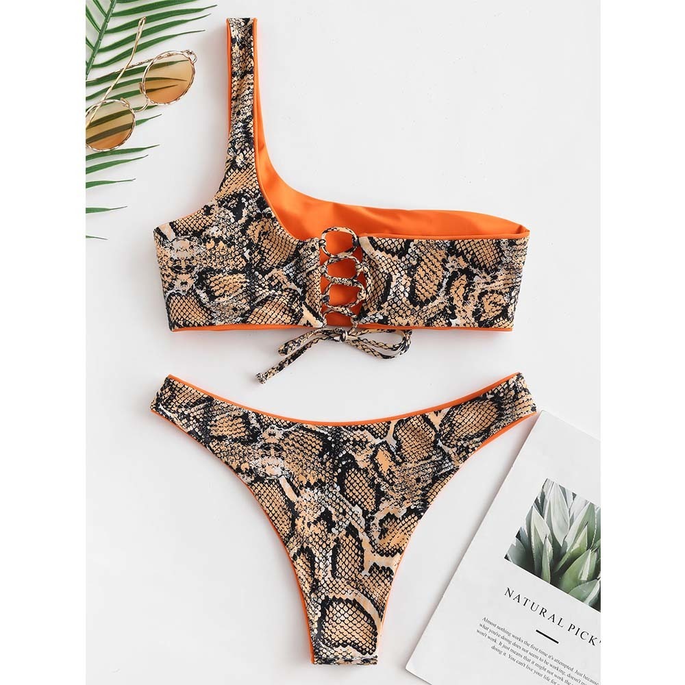 

ZAFUL Reversible Bikini Set Snakeskin Print One Shoulder Two Pieces Sets Women Swimwear Lace Up Swimsuit Sexy Bathing Suit Y200319, Medium forest green