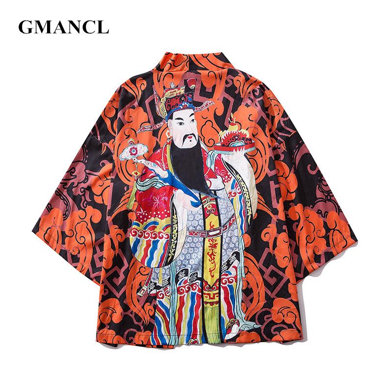 

Mens New Chinese God of Wealth Kimono Shirt Japanese Summer Cardigan Jackets Patterns printed Open Stitch Harajuku style Coats, 7066 orange