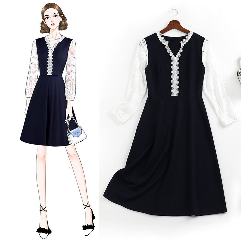 

Plus Long Female Fall 2021 New Size Wear Junior Doll Neck 11227 Party Dress Vintage Clothes Qeho, Navy