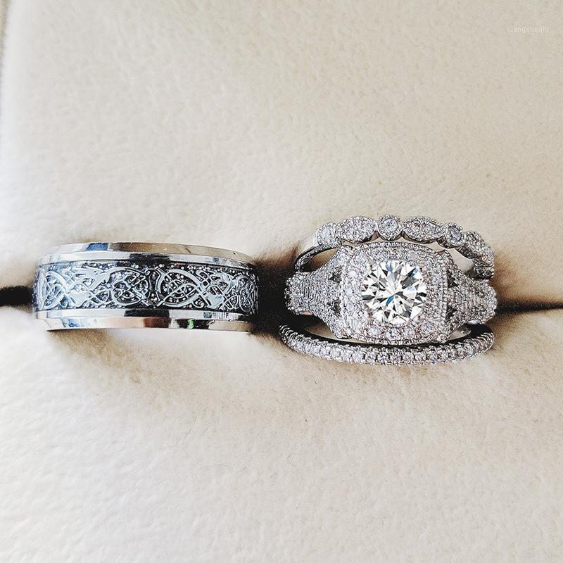 

Cluster Rings Real 925 Sterling Silver Couple Wedding Ring Set For Bridal Women And Men Finger Gift Africa Fashion Jewelry R5359, Golden;silver