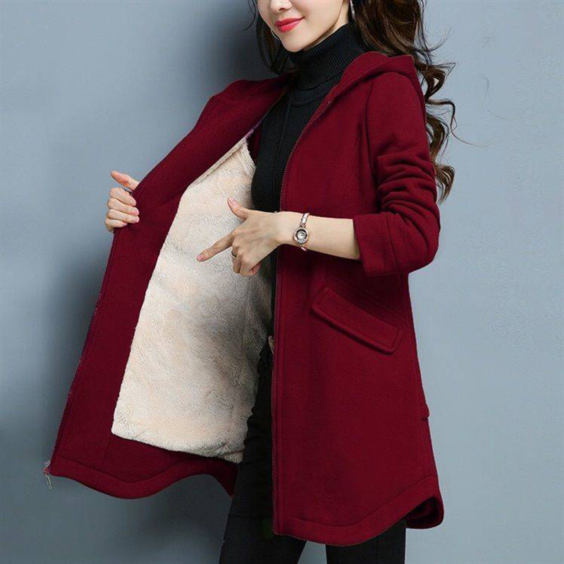 

2020 Autumn Wool Coat Long Women's with Hood Outerwear Hot Female Bulk Thin Red Hoodies Fit Jackets Pbb9