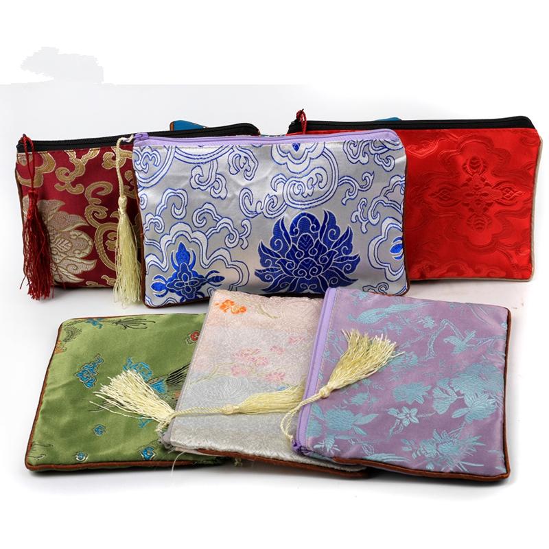 

Rectangle Tassel Chinese Silk Pouch Zip Bag Christmas Wedding Party Favor Bags Brocade Gift Jewelry Packaging Bags 10pcs/lot