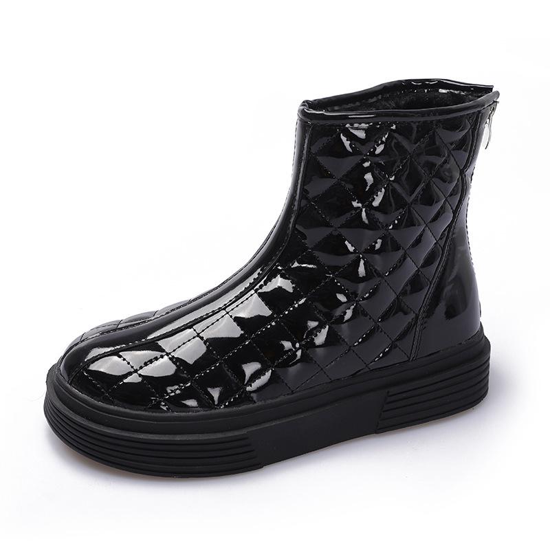 

Women's shoes New winter fashion glossy patent leather middle boots soft soles comfortable warm boots with velvet, Black