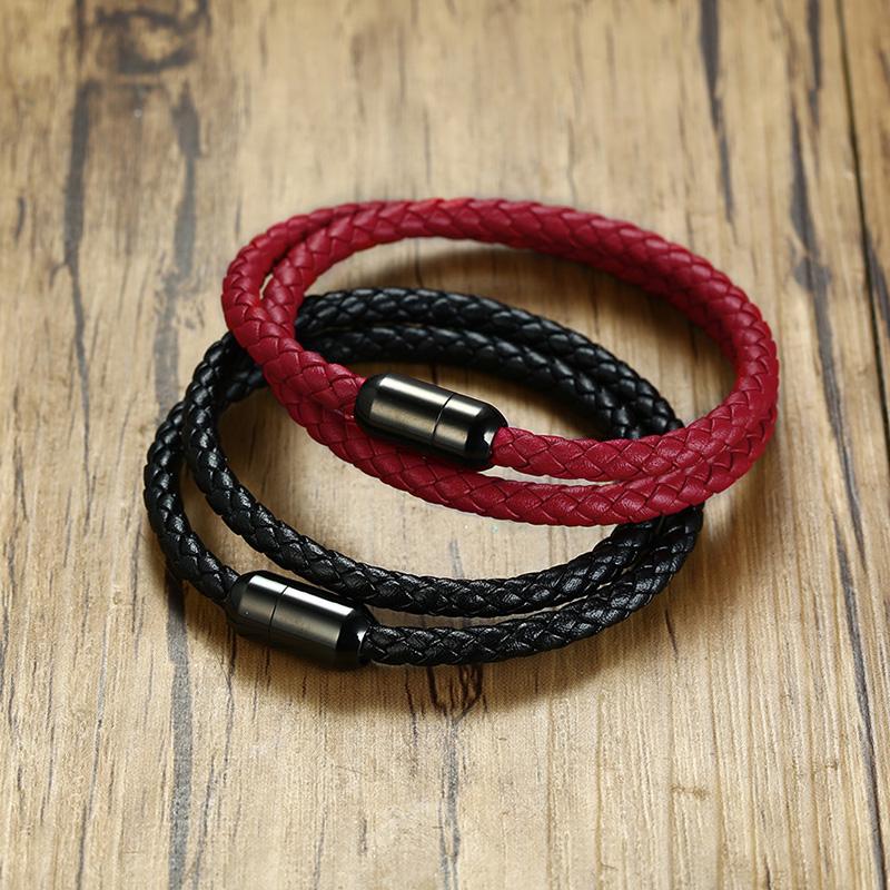 

Unisex Double Braided Leather Bracelet with Stainless Steel Black Magnet Clasp