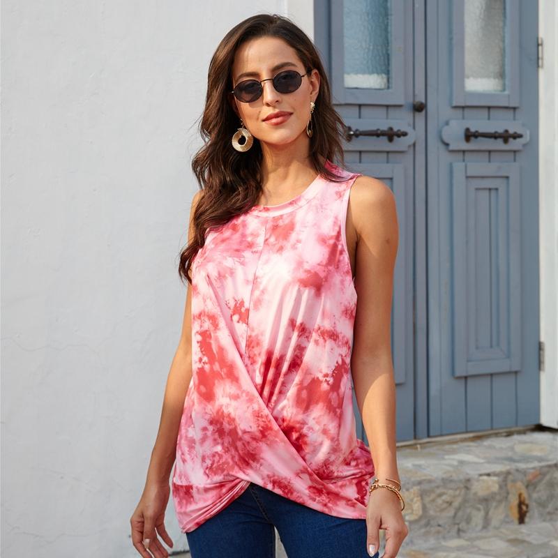 

Tie Dye Tank Wrap Knotted Tops Women Sleeveless T Shirt Round Neck Tunic Tops Tee, Light blue