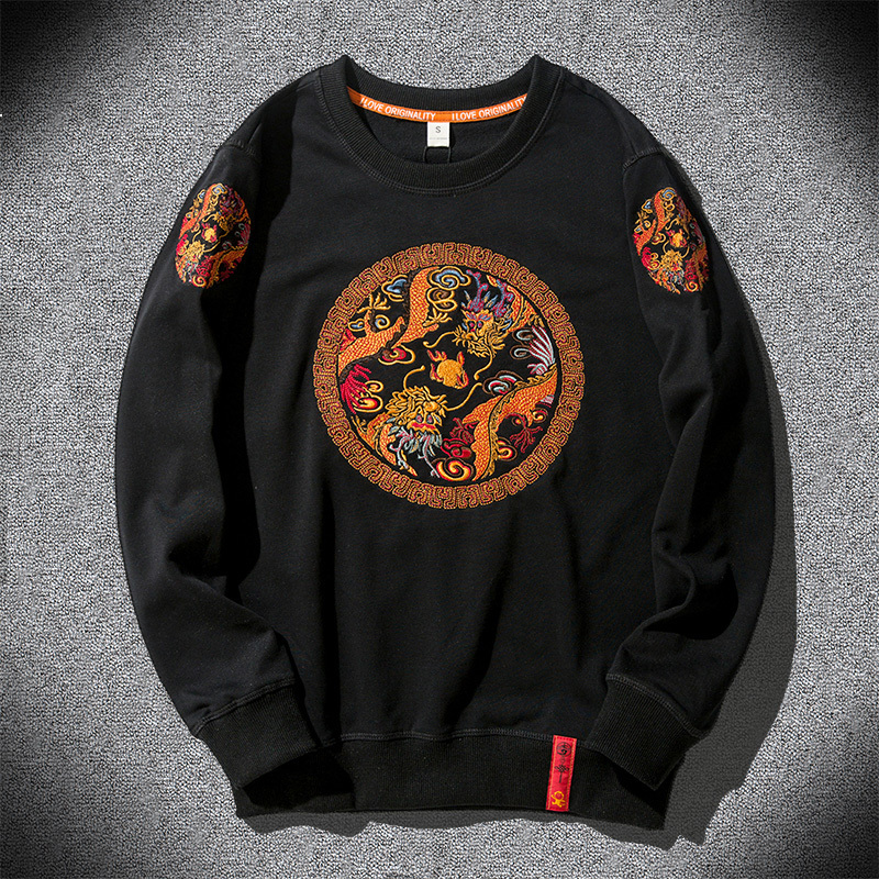 

2021 New Casual Hoodies of Men Embrodery Dragon Pullover Fashion Loose Sweatshirt the Retro Chinese Neck Black Hipster Rxcs JEB4, Black-thin.