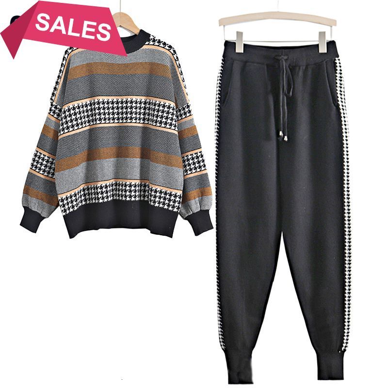

2021 New Houndstooth Knit 2 Piece Set Tracksuits Fall Winter Oversized Women Sweater + Carrot Harem Pants Color Block Sportsuit Njm3, Black 8168