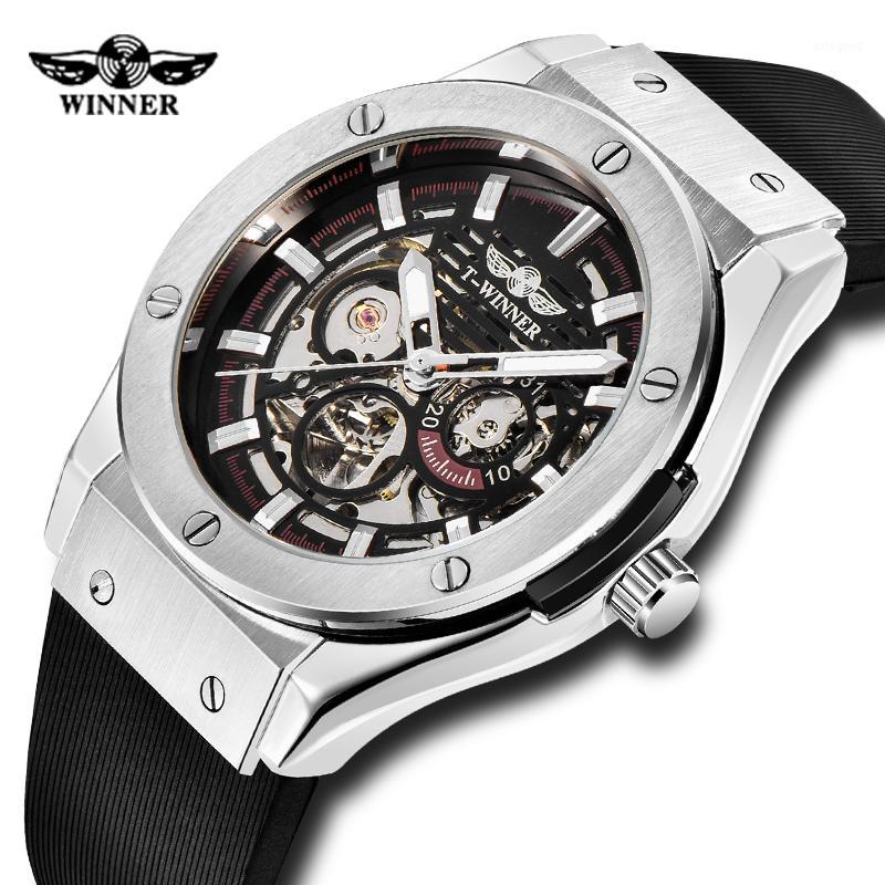 

Wristwatches WINNER Automatic Watch Men Fashion Skeleton Mechanical Watches Metal 3D Bolt Rubber Strap Wristwatches1, Black