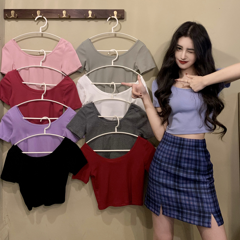 

2021 New 9 colours summer Korean style neck sleeve short design women's T-shirt tops (c2282) NHM6, Red