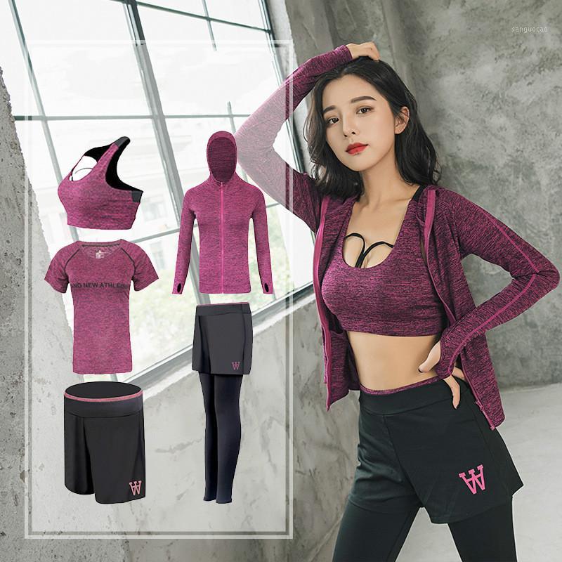 

5PCS Yoga Workout Clothes Sets Sports Jerseys Wear For Tracksuit Women Gym Running Set Sport Shirt Pants Suit Bra Sportswear1, Piece set purple red