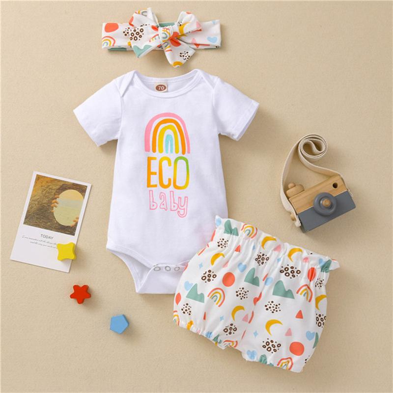 

0-18Months ropa niña verano Newborn Infant Baby Girls Rainbow Letter Romper+Shorts+Headbands Outfits Set New Cartoons lovely M4, As photo