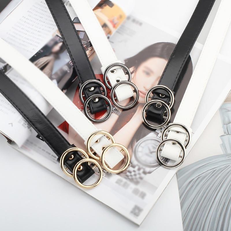 

2020 New Belts Women High Quality Gold Double Round Ring Buckle Belt Black White Leather Waist Belt for Ladies