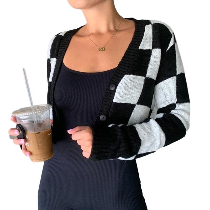 

Womens Button Down Cardigan Casual Long Sleeve Plaid Print Loose Knit Sweater Coat, As pic
