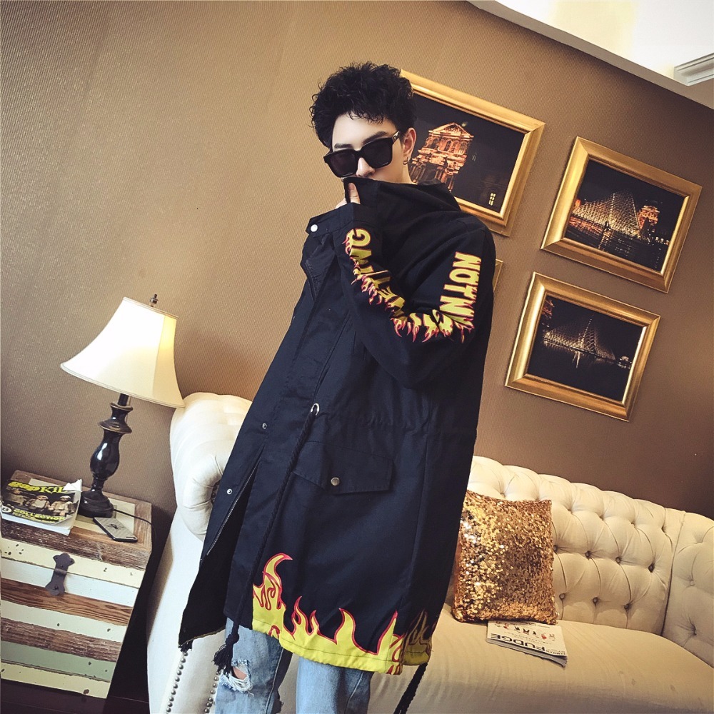 

2021 New Korean Version Long Style of Handsome Men Relaxed Jacket with Hoodie Autumn Wash Fine Print. YBFA, Black