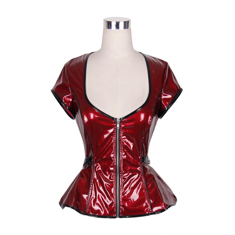 

Devil Fashion Sleek Wet Look PVC Leather Gothic Short Sleeve Jackets Steampunk Cybergothic Slight Stretch Short Thin Women Coat, Black