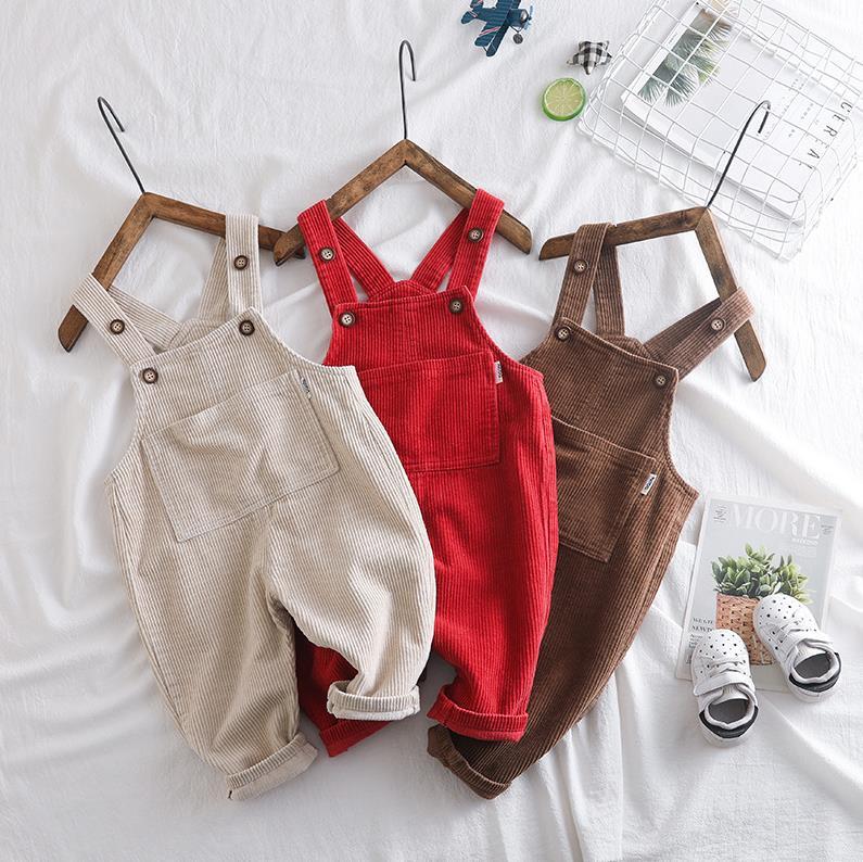 

Fashion Boy Girl Suspenders Pants Children Kids Solid Color Corduroy Straps Long Pants Overalls with Big Pocket, Brown
