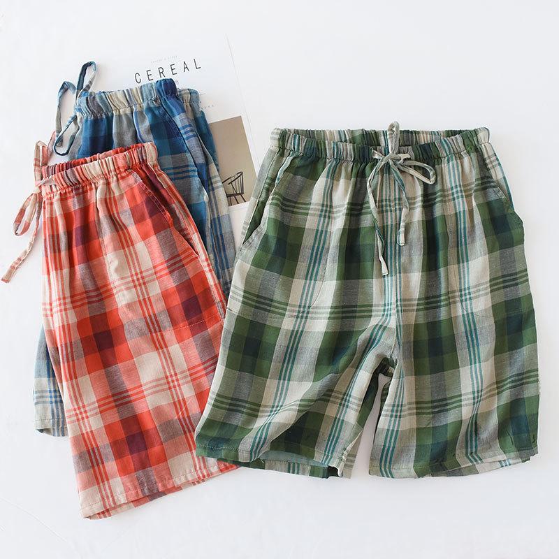 

Summer Men Casual Gauze Sleep Bottoms 100% Cotton Beach Pants Plaid Pajama Shorts Plus Size Mens Lounge Shorts Home Sleepwear, Blue big grid
