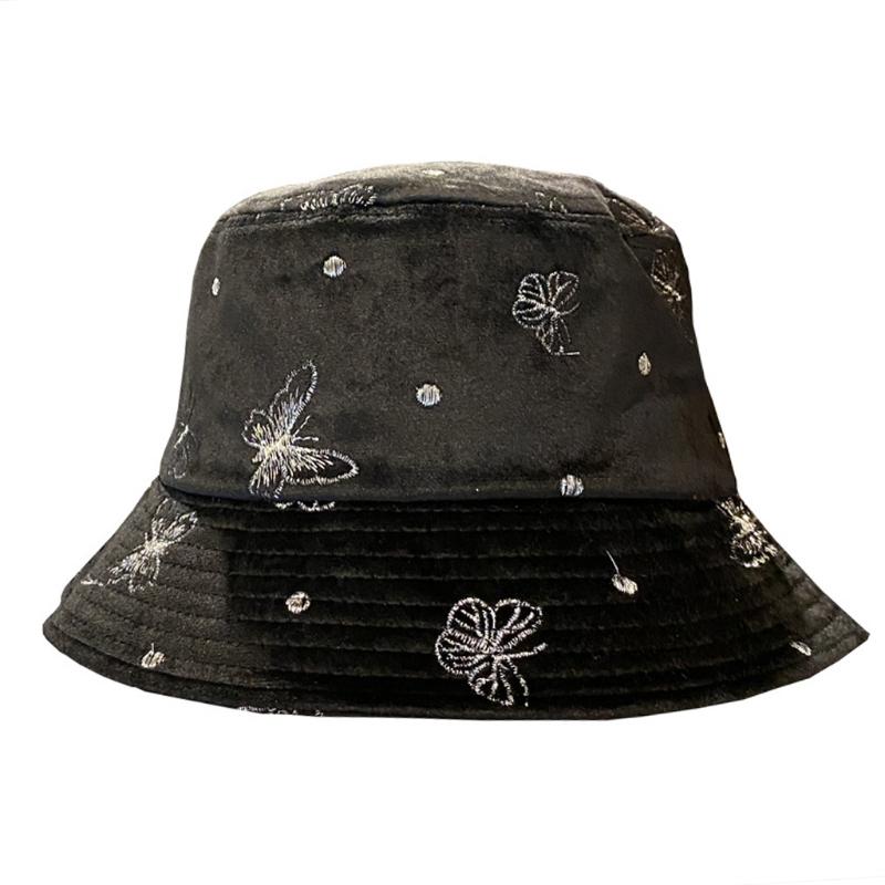 

Korean Women Winter Warm Velvet Bucket Hat Shiny Butterfly Embroidered Wide Brim Sunscreen Foldable Panama Fisherman Cap