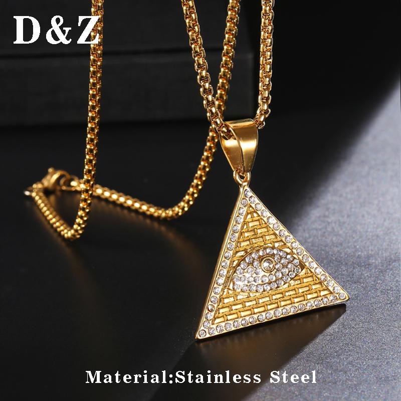 

D&Z Bling Iced Out Triangle Illuminati Eye Pendant Necklace For Men Stainless Steel Geometric Pyramid Collier