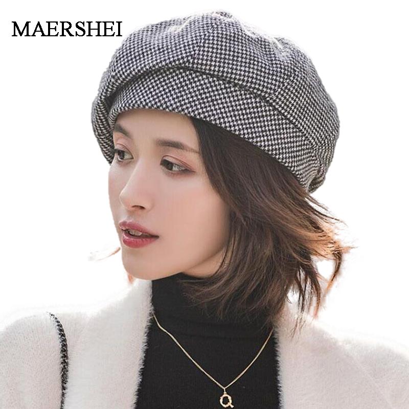 

2020 New Elegant Women Plaid Beret For fashion Winter Female Cotton Wool Hats Cap Autumn Brand New Women's Painter Hat, Black