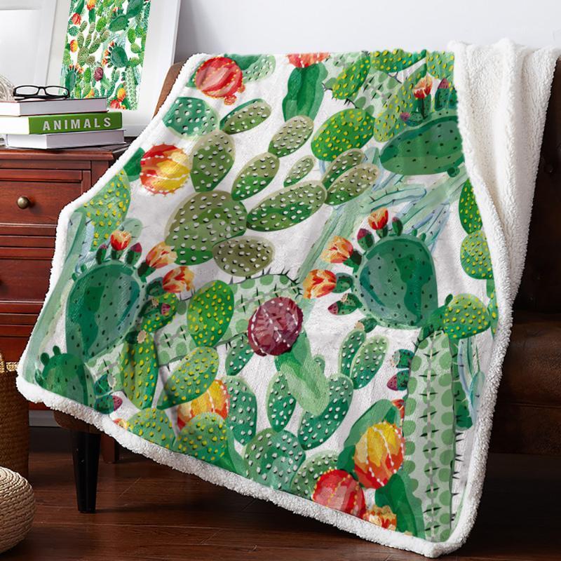 

Watercolor Plant Cactus Velvet Home Sofa Watching Blanket Sherpa Blanket Warm Fleece Travel Quilt1