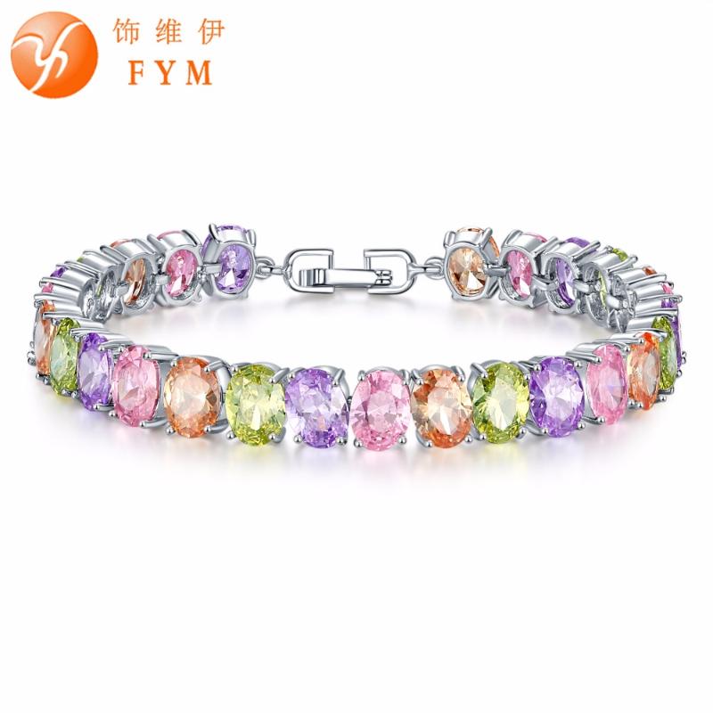 

FYM 6 Colors Link & Chain Bracelets & Bangles Luxury Round Cubic Zircon Silver color Bracelet For Women Crystal Jewelry